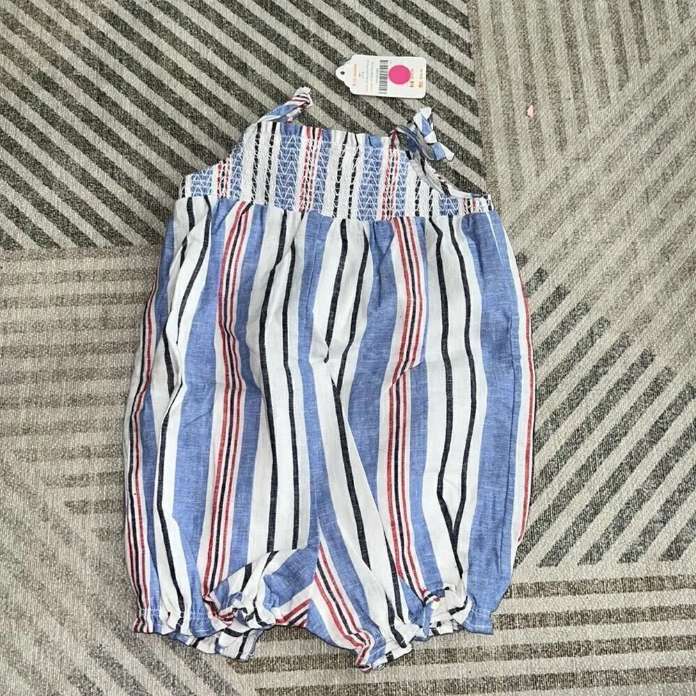 Gymboree Baby Girl Blue Red Striped Smocked Romper NWT 6-9M